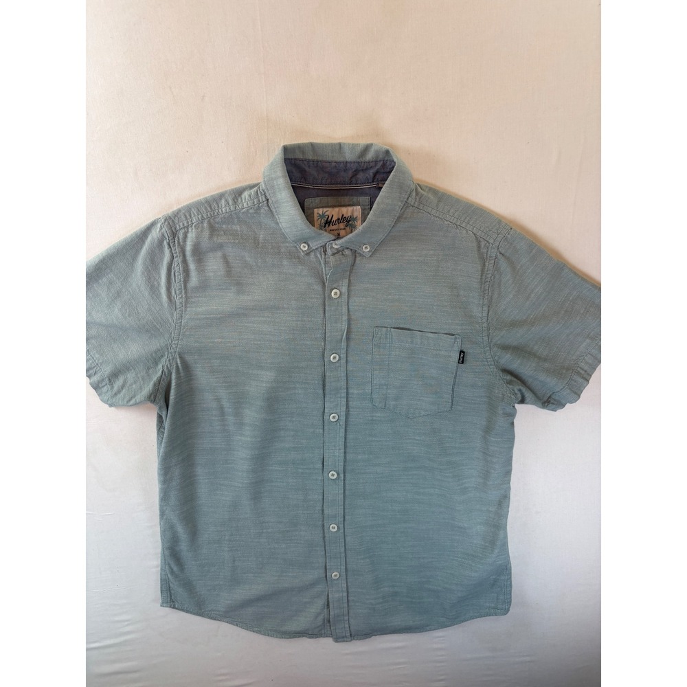 Hurley Mens Slub Button Down Shirt Short Sleeve Blue Green Medium HMS22-03426 up